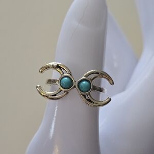 Turquoise Accent Double-Crescent Silver Ring Size 8